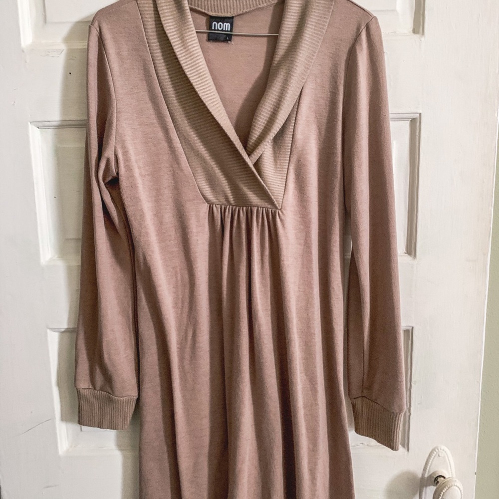 Camel sweater dress with folded v-neck